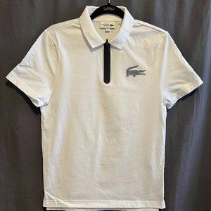 Lacoste white polo black zipper large holograhic alligator logo